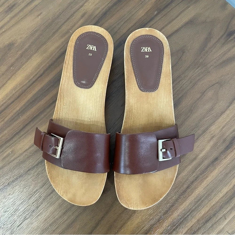 Zara flat leather sandals with wood effect soles cognac brown leather upper - Picture 8 of 11